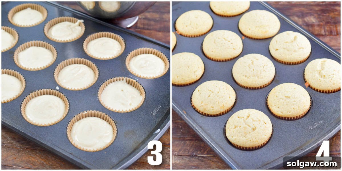 Two images: cupcakes in a muffin pan before baking, and golden-brown baked cupcakes still in the pan, fresh from the oven.
