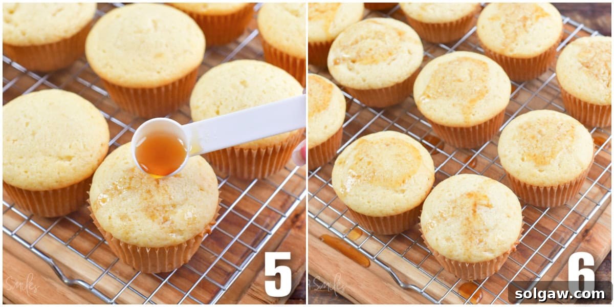 A collage of two images showing warm, freshly baked cupcakes being drizzled with maple syrup.