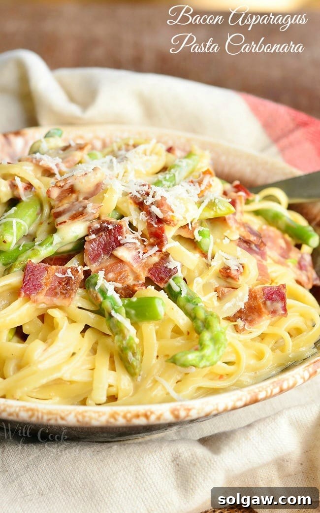 Bacon Asparagus Pasta Carbonara on a plate