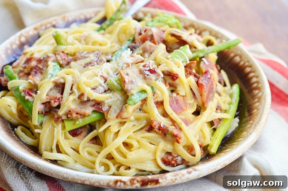Bacon Asparagus Pasta Carbonara on a plate