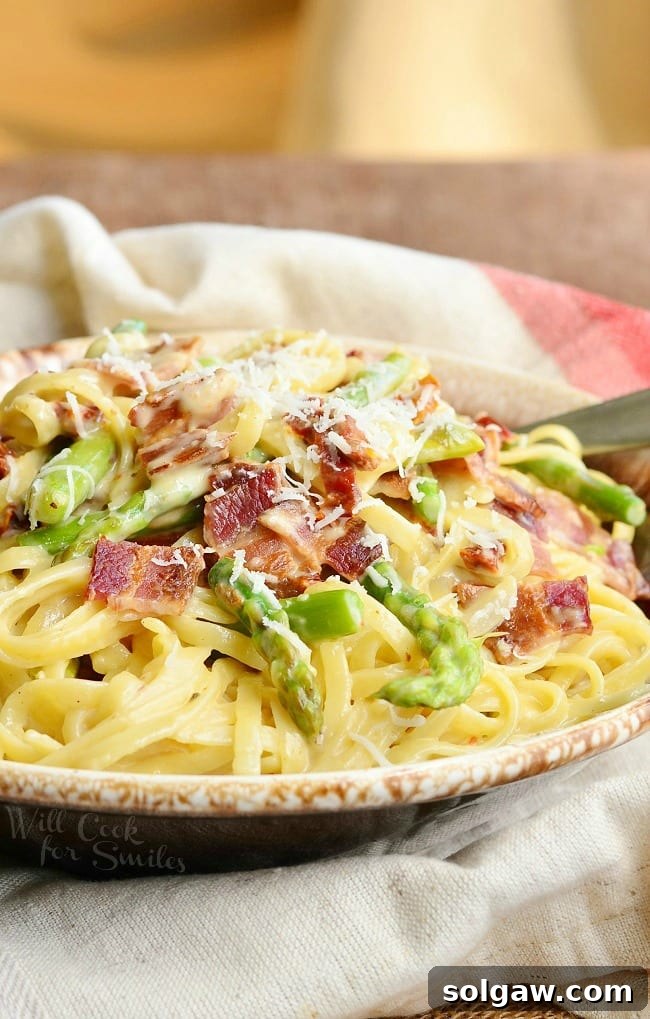 Bacon Asparagus Pasta Carbonara on a plate