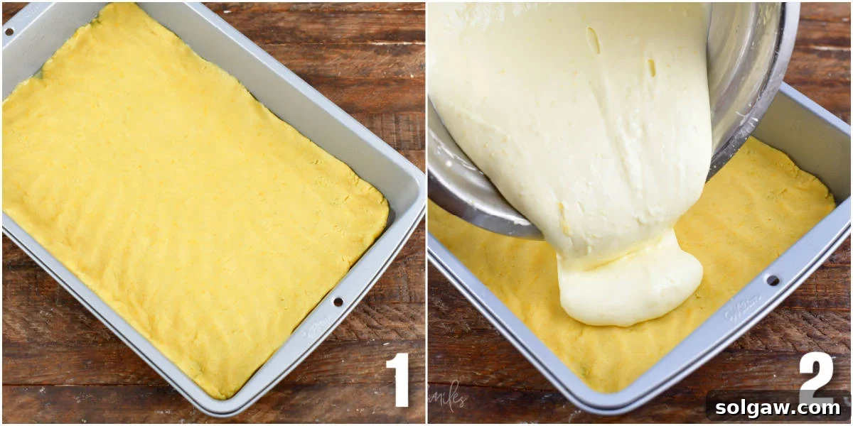 A two-image collage showing the process of pouring the smooth, creamy lemon cheesecake mixture over the prepared lemon sugar cookie base in a baking dish, highlighting the distinct layers.