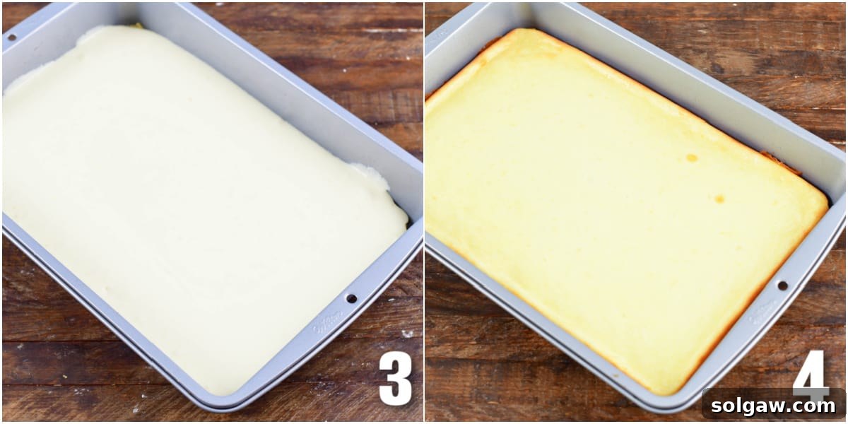 A two-image collage showing the lemon cheesecake cookie bars before and after baking, illustrating the golden crust and creamy, set cheesecake layer.