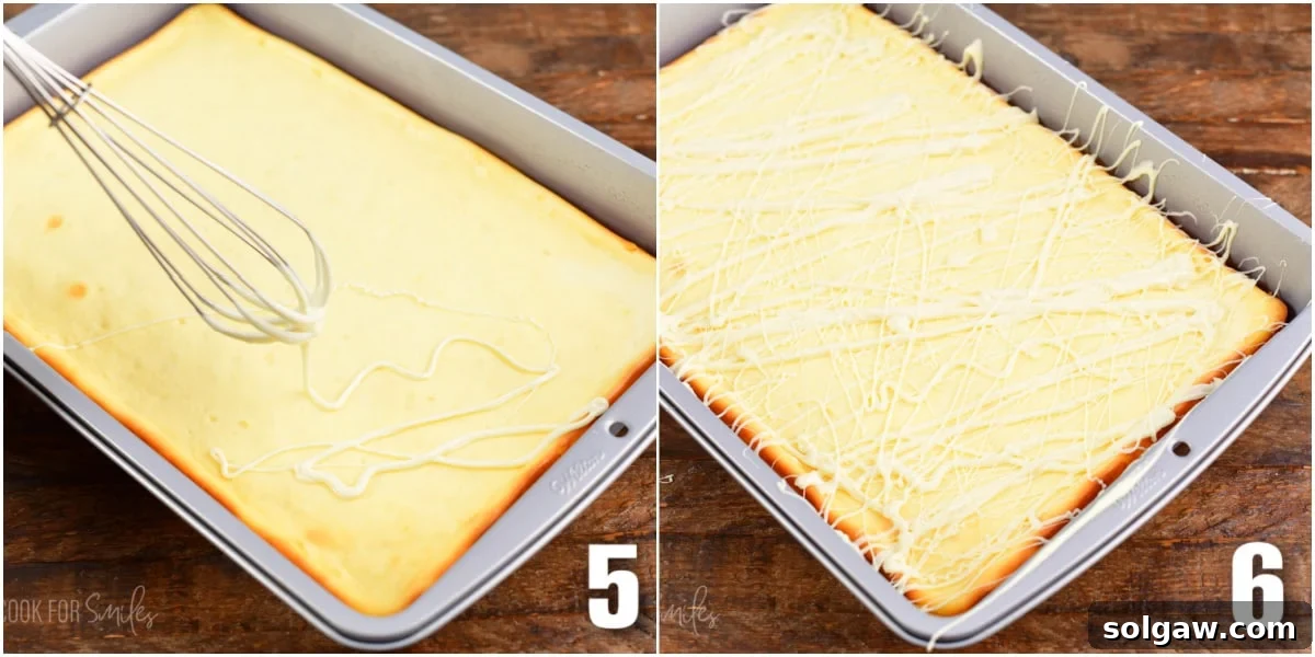 A two-image collage demonstrating the process of adding a delicate white chocolate drizzle over the cooled lemon cheesecake cookie bars using a whisk, enhancing their visual appeal.