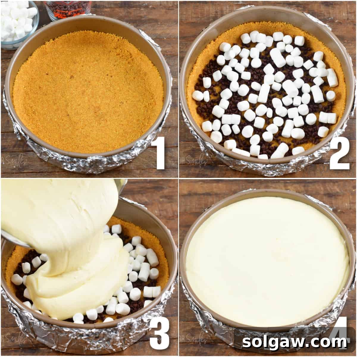 A four-image collage demonstrating the process of making the graham cracker crust, layering chocolate and marshmallows, and adding the cheesecake batter to the springform pan.