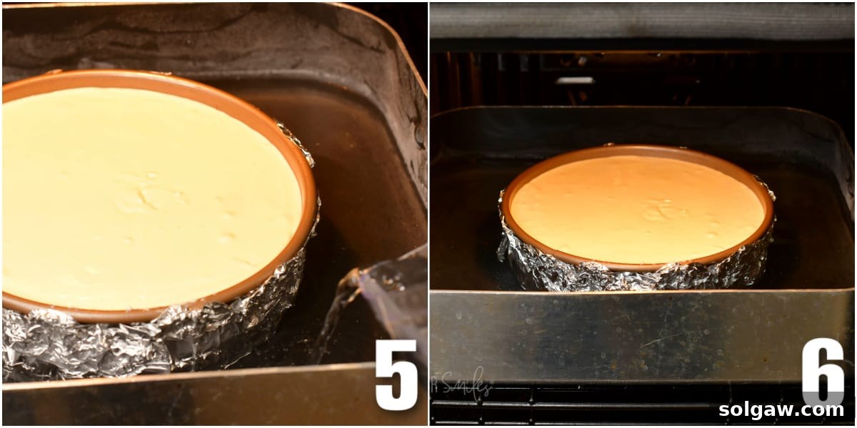 A two-image collage showing the process of placing the cheesecake pan into a roasting pan and filling it with water to create a water bath in the oven.