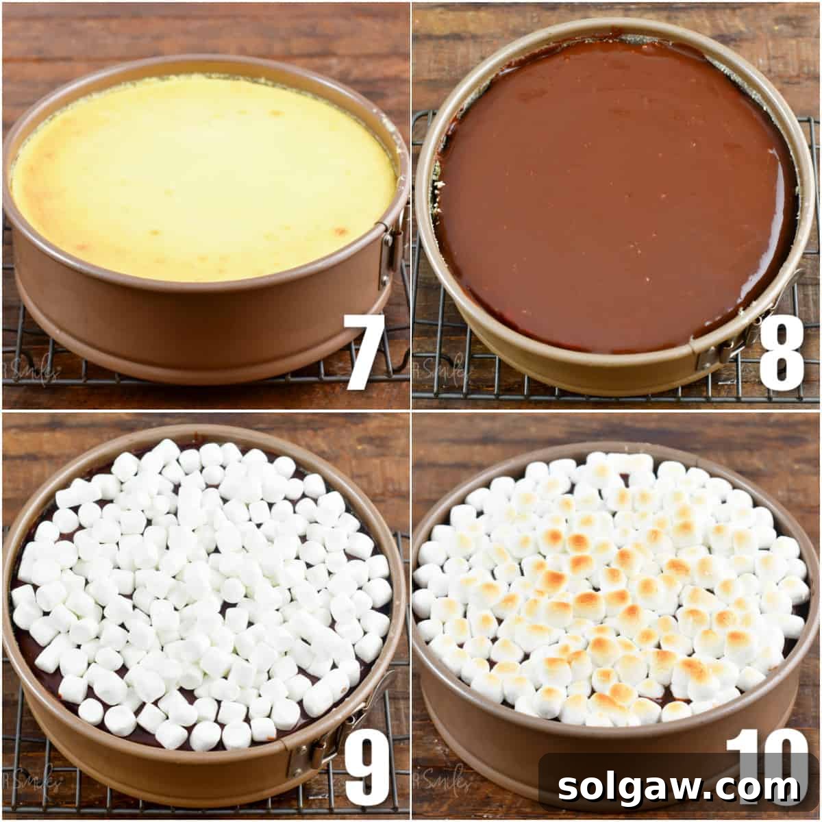 A four-image collage detailing the steps of a baked cheesecake, topping it with hot fudge, and finally adding and toasting marshmallows.