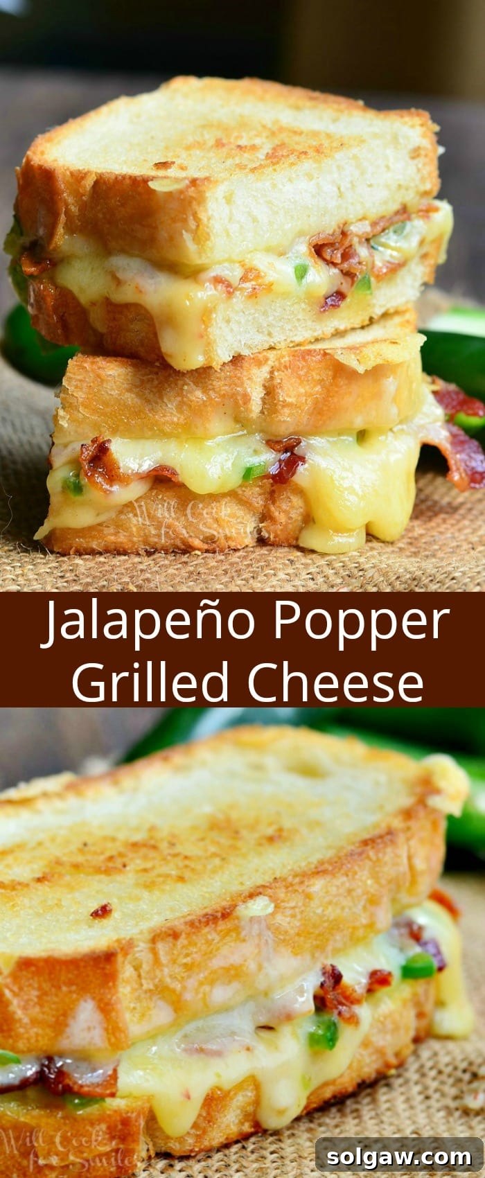 Jalapeno Popper Grilled Cheese loaded with gooey cheese, jalapenos and bacon cut in half with a jalapeno to the side collage 