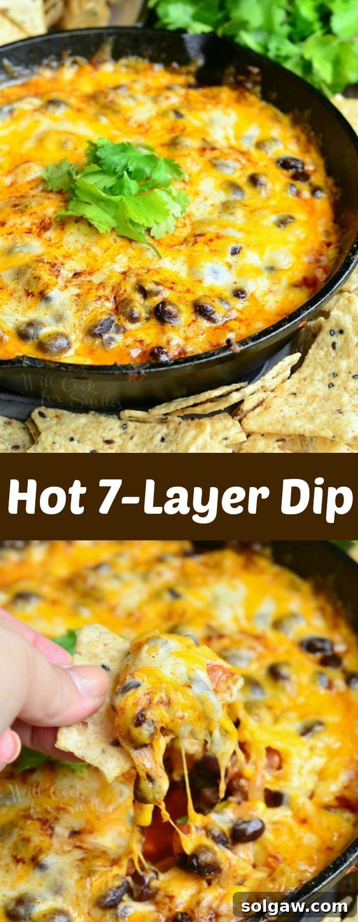 A collage showing the Hot 7 Layer Dip with cheesy, beefy layers in a skillet, with ground beef, corn, and black beans visible
