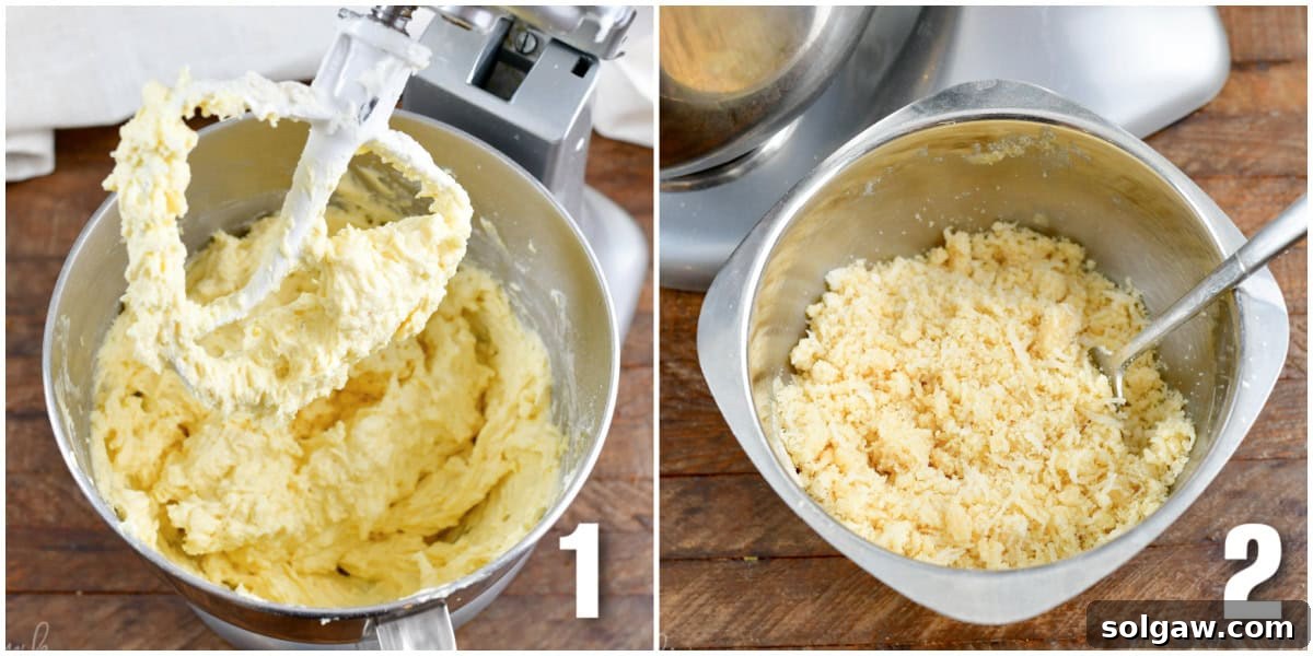 Collage of two images of making coconut coffee cake batter and crumble.