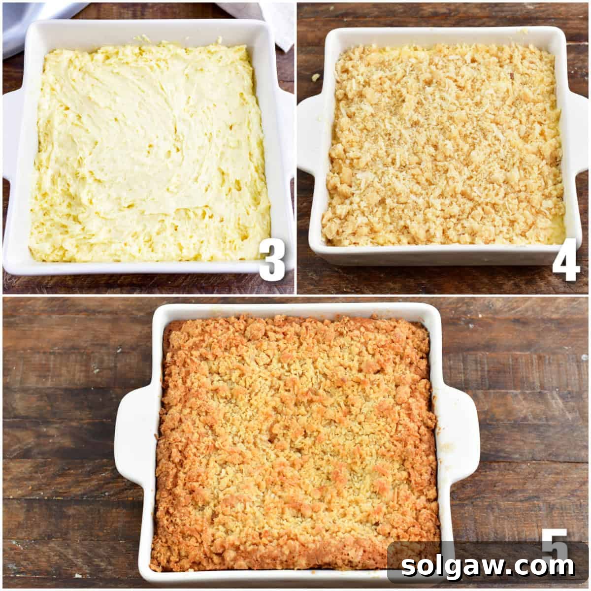 Collage of three images of coconut coffee cake batter spread in the pan before and after cooking.