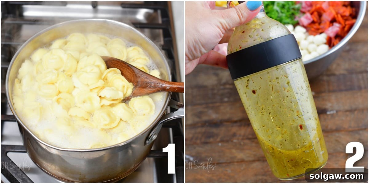 collage of two images of cooking tortellini and holding dressing in the shaker. Steps showing tortellini preparation and homemade dressing.