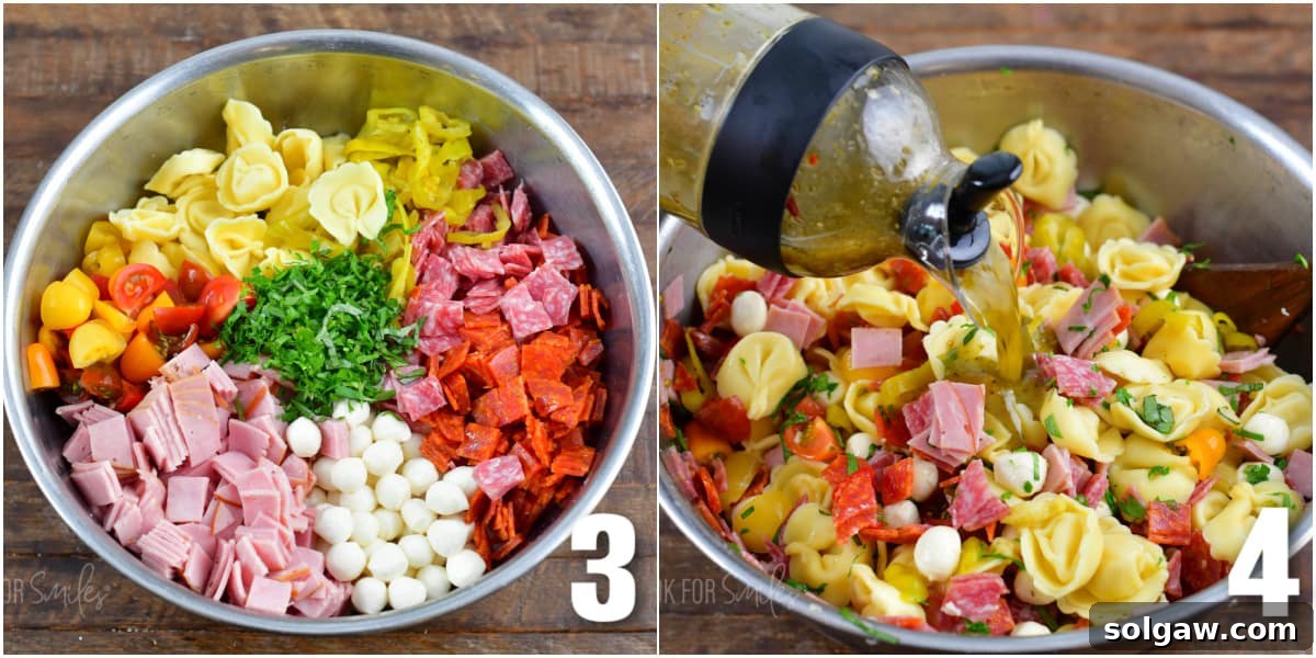 collage of two images of ingredients for the Italian tortellini salad in a bowl and adding the dressing. Preparing the salad in a bowl and adding dressing.