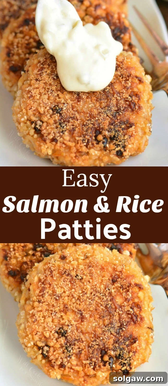 Savory Salmon and Rice Cakes 9 A collage featuring a close-up of a cooked salmon patty being drizzled with sauce on top and a full view of a golden-brown salmon patty, highlighting its appealing texture.