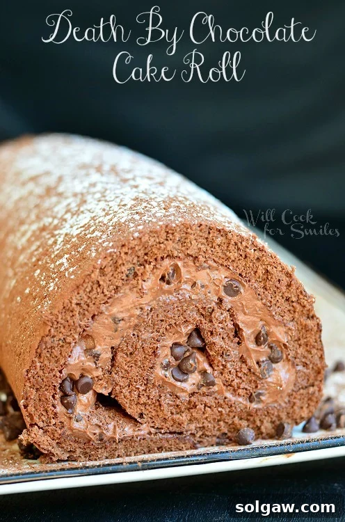 An intensely rich Death By Chocolate Cake Roll, generously frosted with chocolate and adorned with mini chocolate chips for the ultimate chocolate lover.
