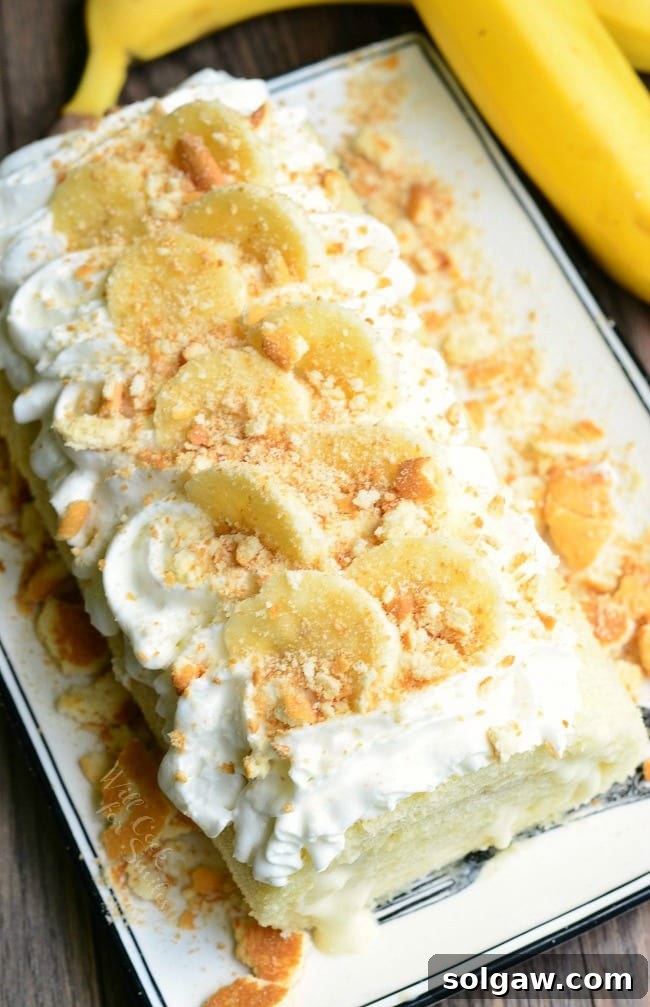 A top-down photo of a Banana Pudding Cake Roll on a serving plate, adorned with whipped cream, crushed vanilla wafers, and banana slices. An unpeeled banana is visible to the right.