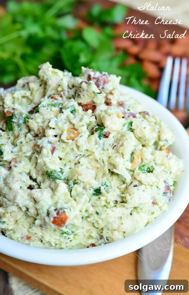Italian Three Cheese Chicken Salad in a white bowl