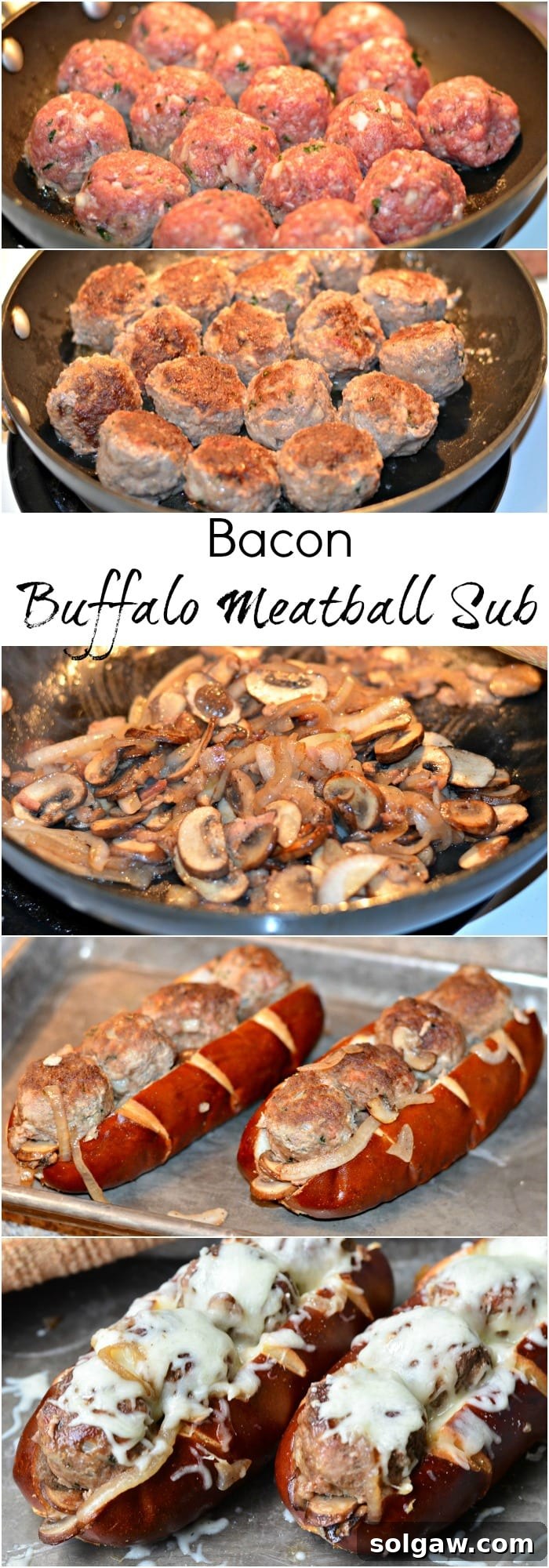A step-by-step photographic guide showing the preparation of Bacon Buffalo Meatball Subs, from forming raw meatballs to the final assembled and baked subs.