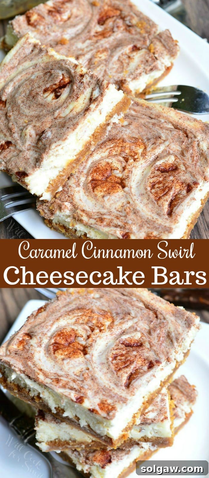 Two photos: Top photo is of several Caramel Cinnamon Swirl Cheesecake Bars lay piled on a small, white plate. Several forks lay on the plate as well. Bottom photo is of several Caramel Cinnamon Swirl Cheesecake Bars stacked on a small white plate.