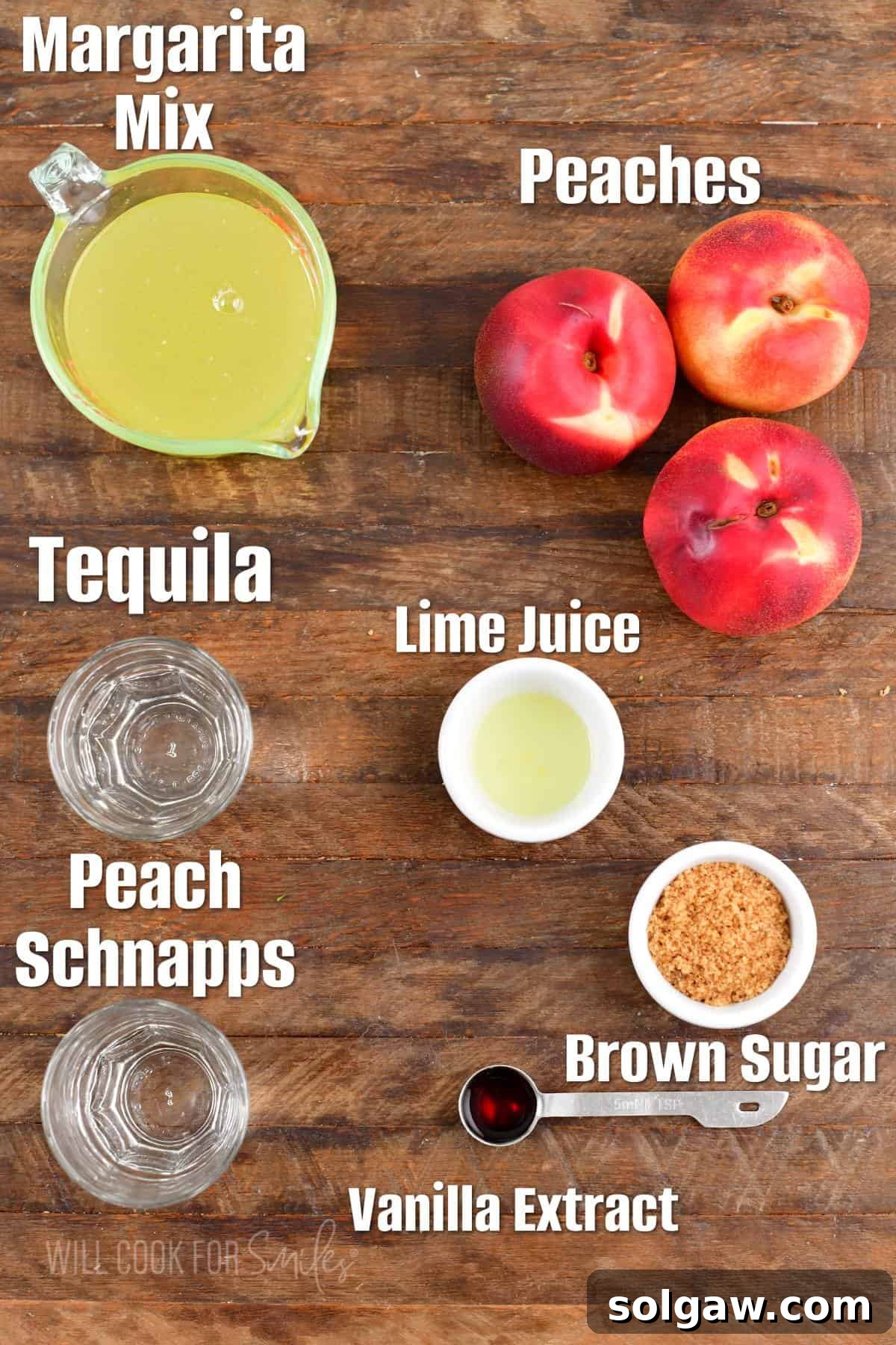 The essential ingredients for a homemade peach margarita are neatly arranged on a rustic wooden surface, ready for blending.