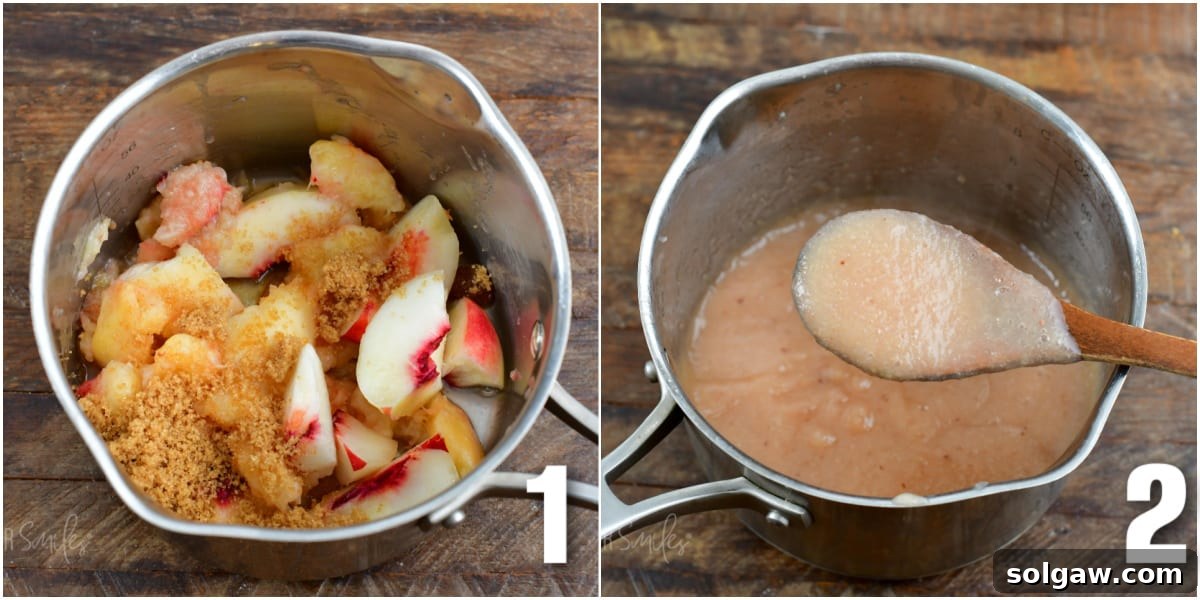 One image shows sliced peaches, vanilla, lime, and brown sugar in a pot. The second image displays the cooked, softened peach puree in the same pot, ready for blending.