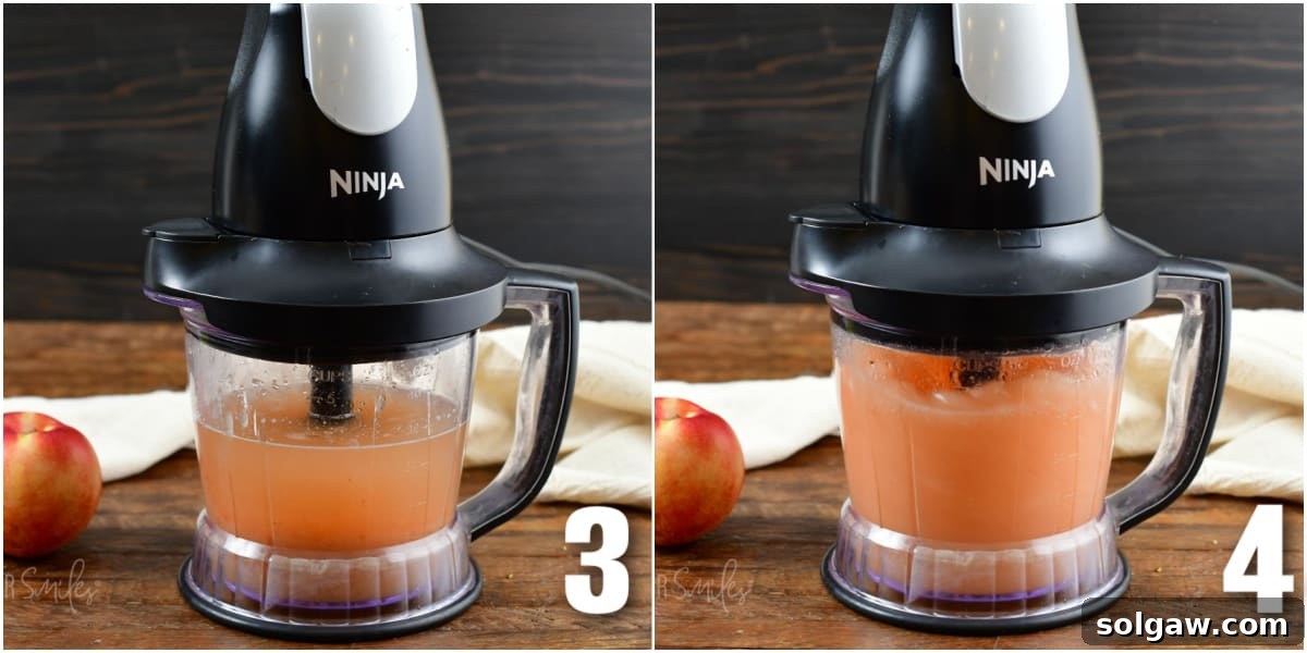 One image shows peach margarita ingredients being added to a blender. The second image shows the blender in action, mixing the vibrant peach margarita.